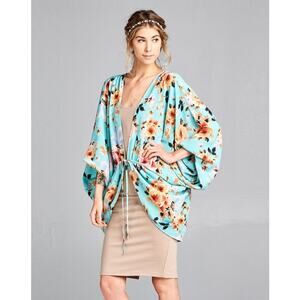 Hummingbird Floral Kimono Front Tie Robe Cover-Up Womens Large Oversized